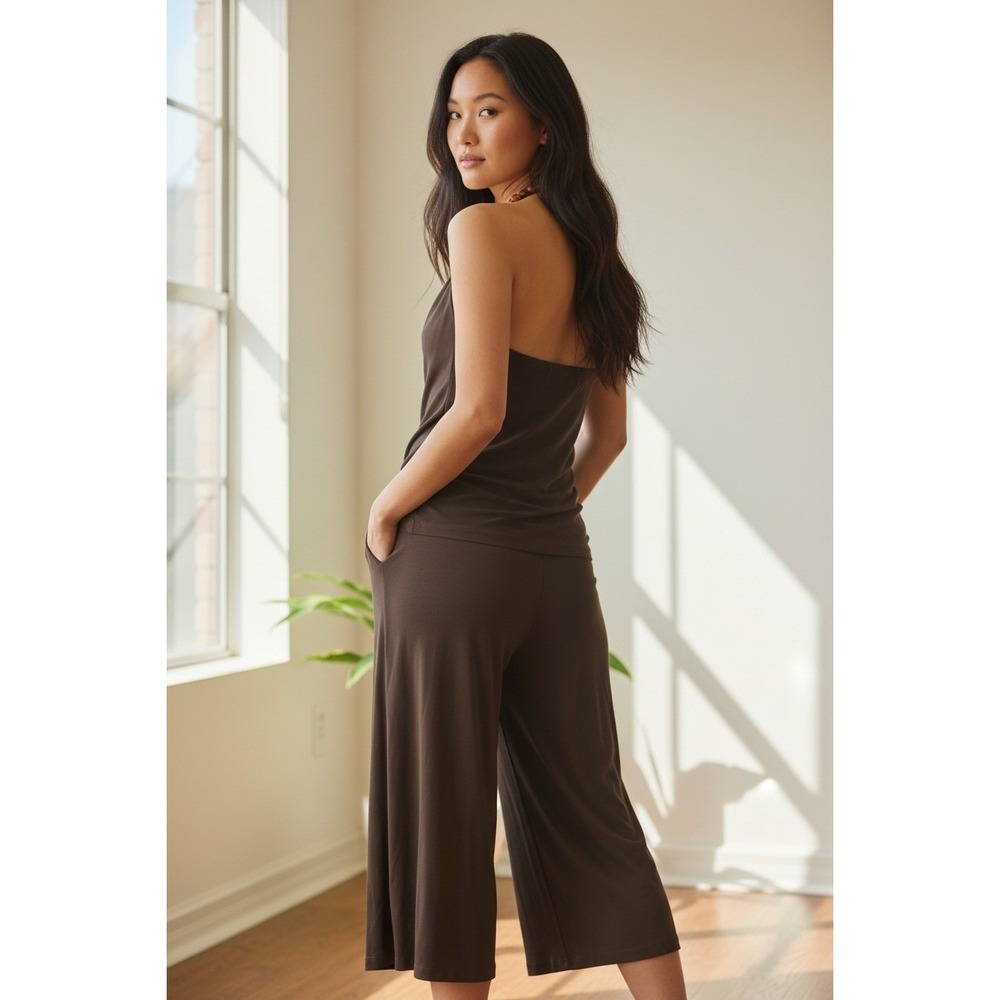Halter Neck Ruched Jumpsuit Culottes‎ Medium Brown Beaded Detail Festival Party